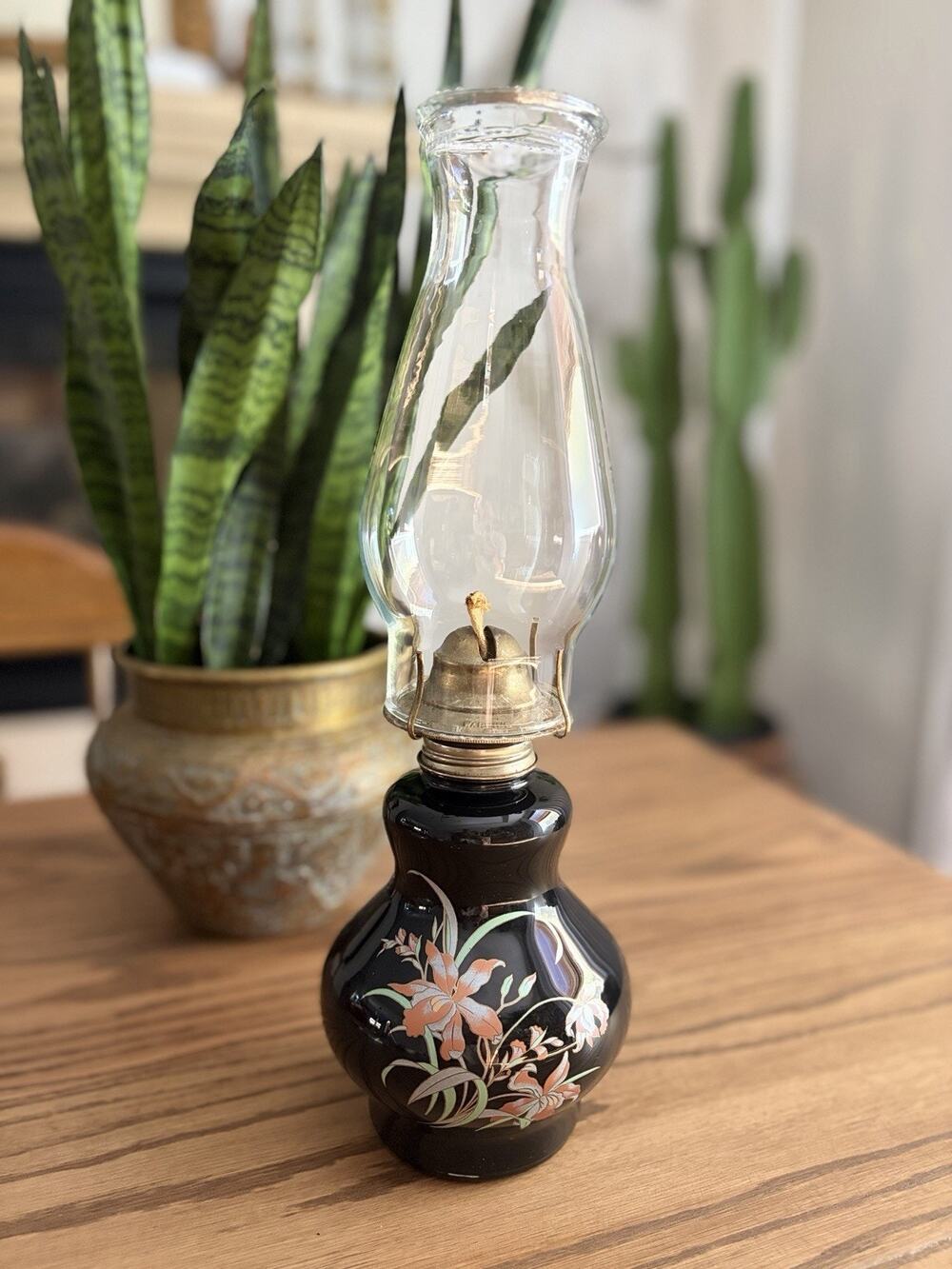 Vintage 1980 Kaadan Ltd Oil Lamp Black Glass Iris Glass Beaded Chimney